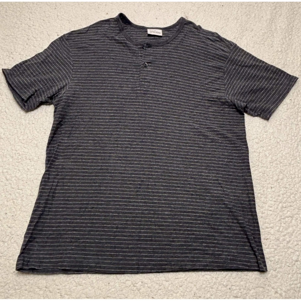 Calvin Klein Mens T-shirt Henley Size L Gray 100% Cotton Striped Short Sleeve